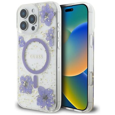 Husa originala Guess iPhone 16 Pro Hardcase Resin Flowers and Glitter MagSafe, mov