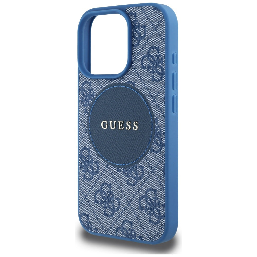 Husa iPhone 16 Pro Guess 4G Circle Classic Logo MagSafe, albastru