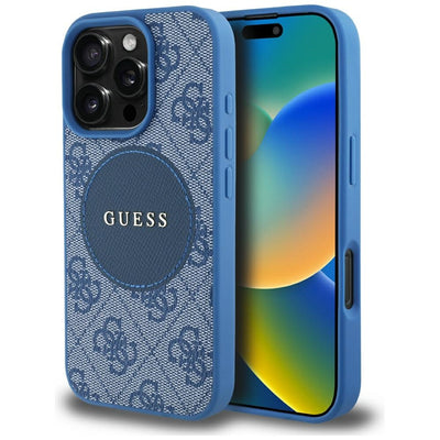 Husa iPhone 16 Pro Guess 4G Circle Classic Logo MagSafe, albastru