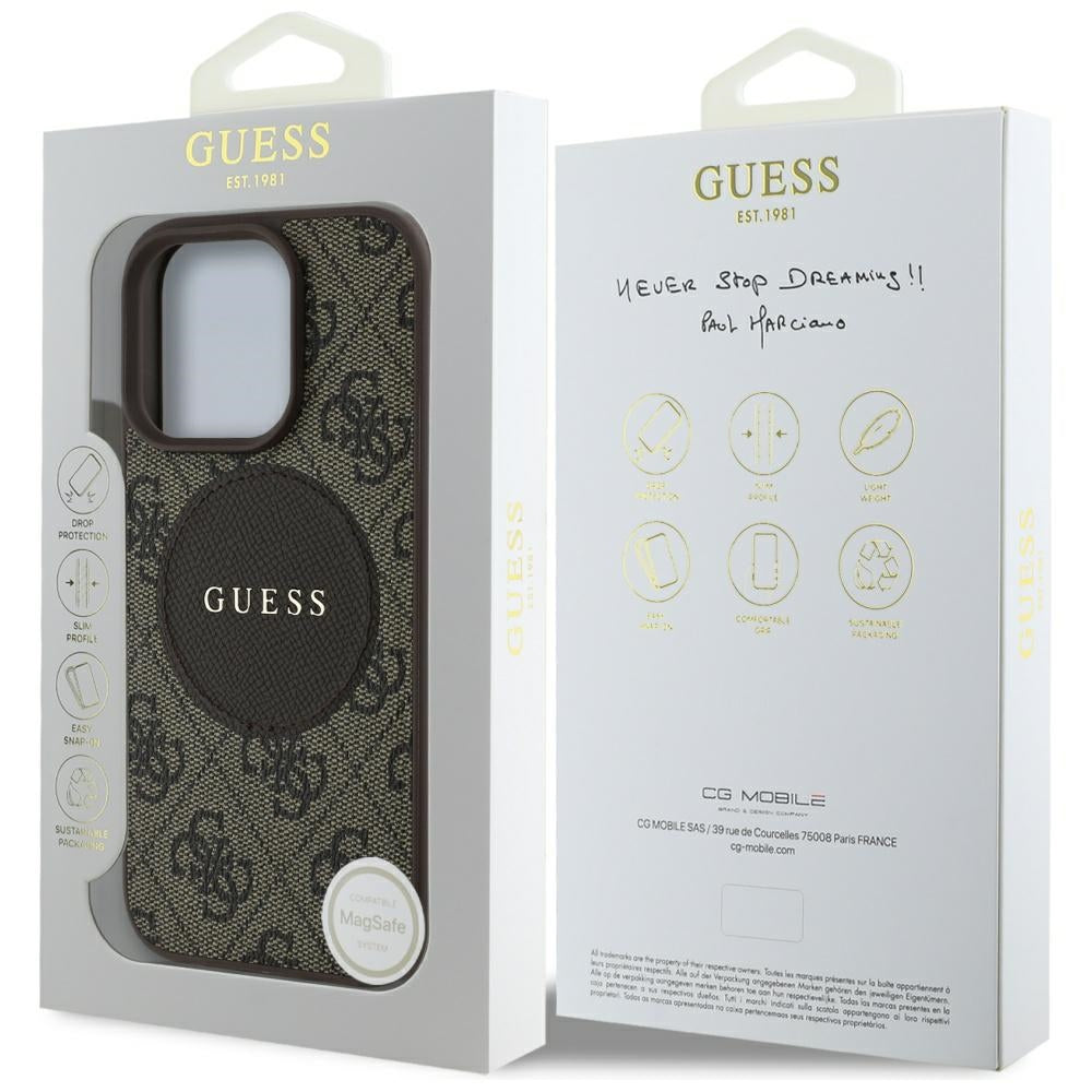 Husa iPhone 16 Pro Guess 4G Circle Classic Logo MagSafe, maro