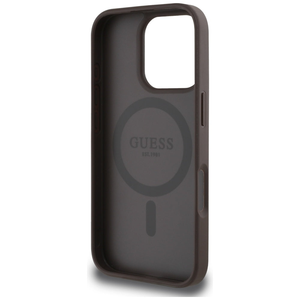 Husa iPhone 16 Pro Guess 4G Circle Classic Logo MagSafe, maro