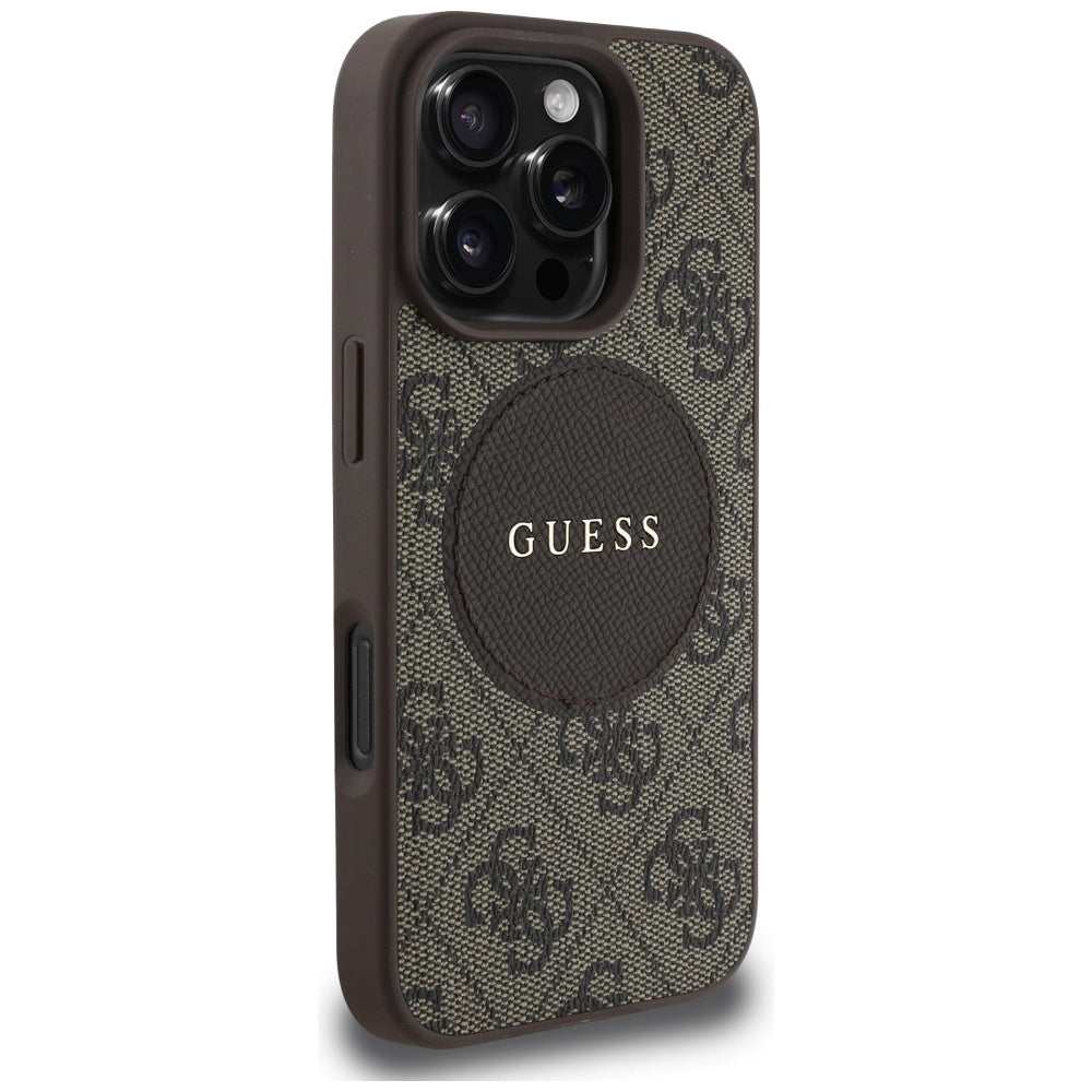 Husa iPhone 16 Pro Guess 4G Circle Classic Logo MagSafe, maro