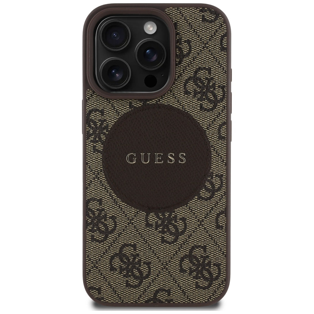 Husa iPhone 16 Pro Guess 4G Circle Classic Logo MagSafe, maro