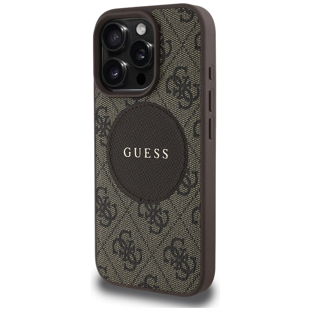 Husa iPhone 16 Pro Guess 4G Circle Classic Logo MagSafe, maro