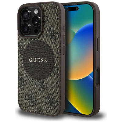 Husa iPhone 16 Pro Guess 4G Circle Classic Logo MagSafe, maro