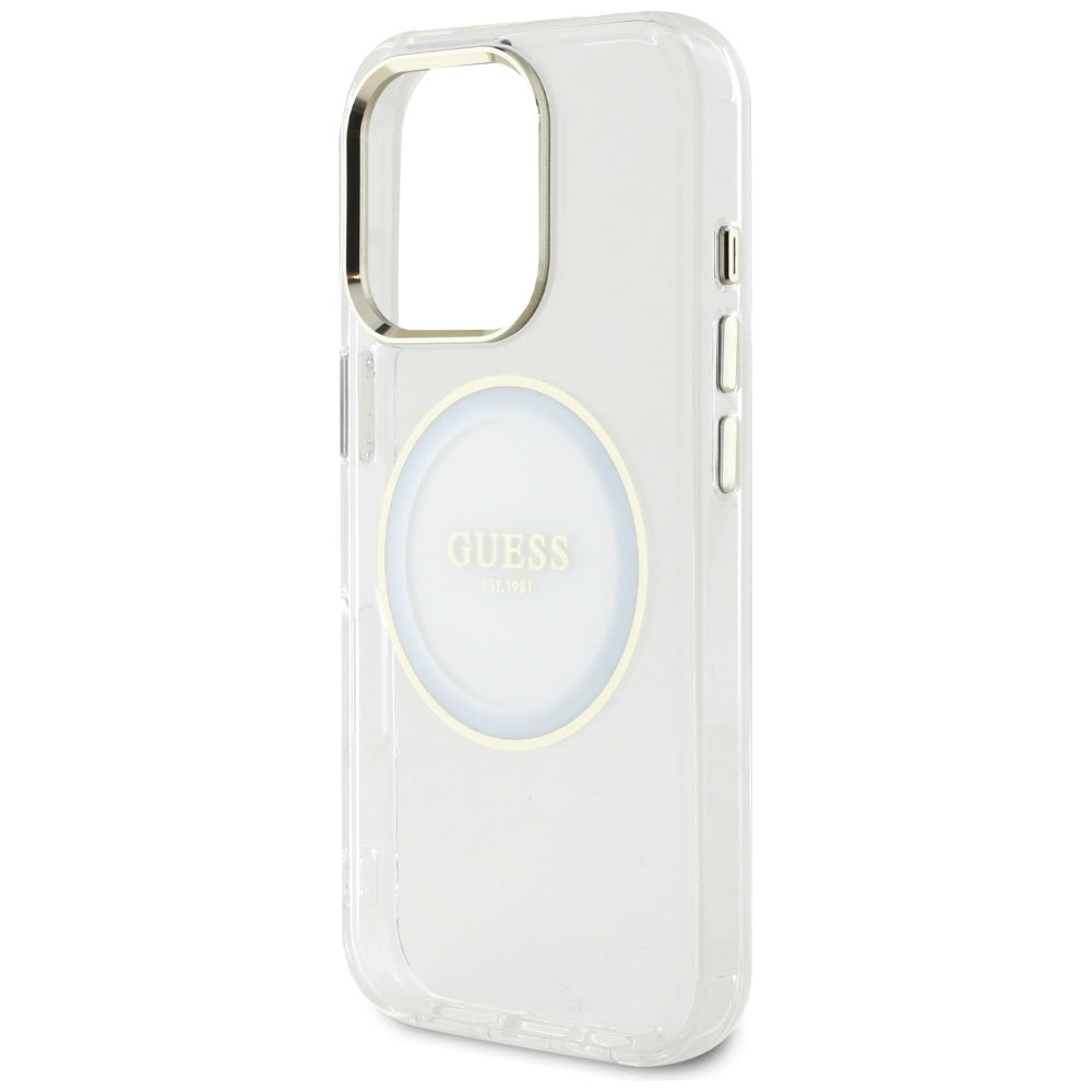 Husa iPhone 16 Pro originala Guess IML Metal Colored Circle MagSafe, alb