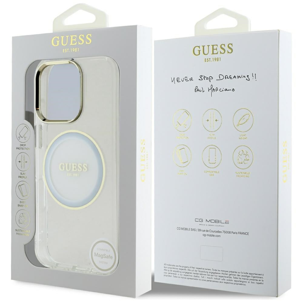 Husa iPhone 16 Pro originala Guess IML Metal Colored Circle MagSafe, alb