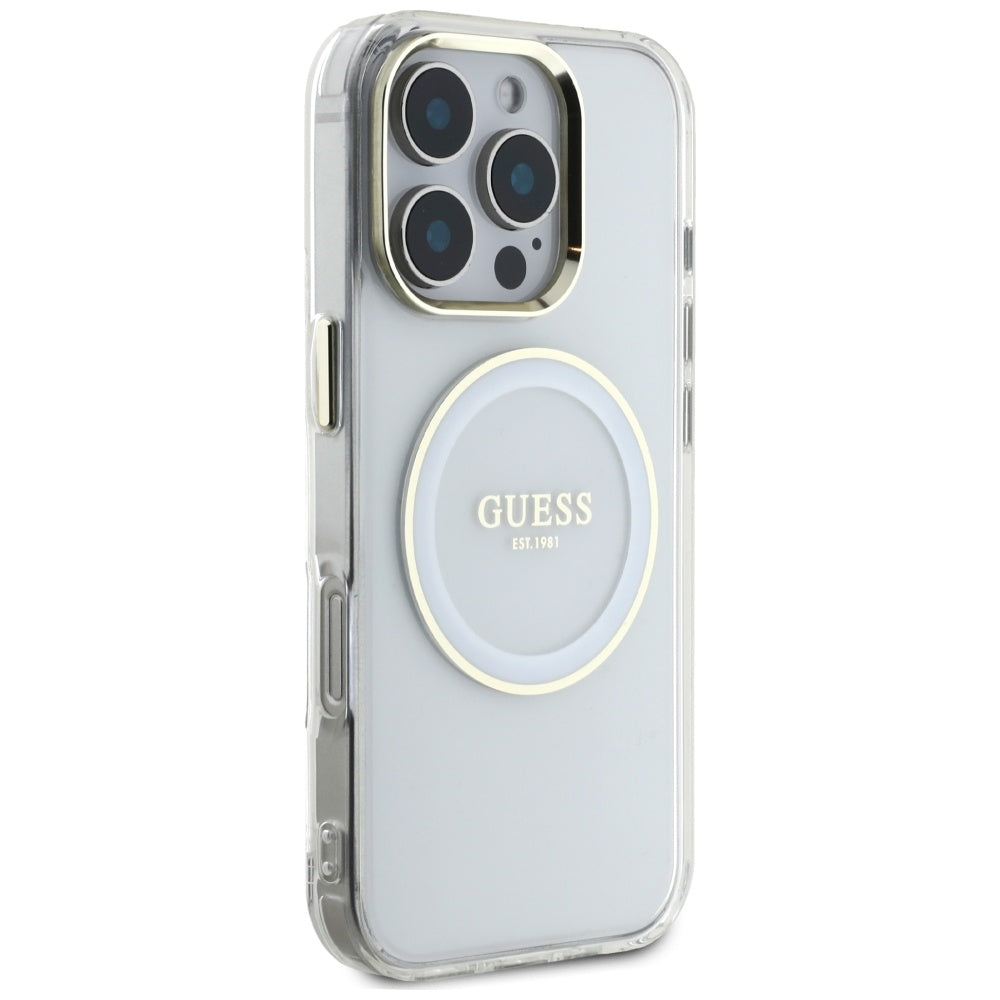 Husa iPhone 16 Pro originala Guess IML Metal Colored Circle MagSafe, alb