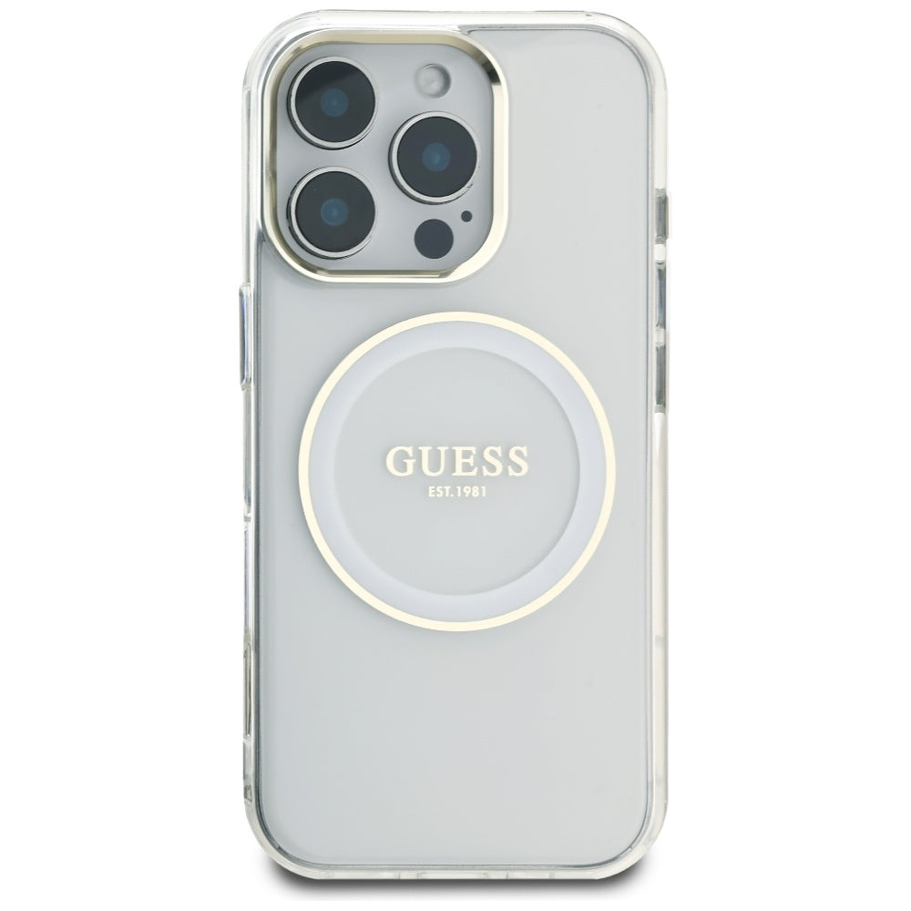 Husa iPhone 16 Pro originala Guess IML Metal Colored Circle MagSafe, alb