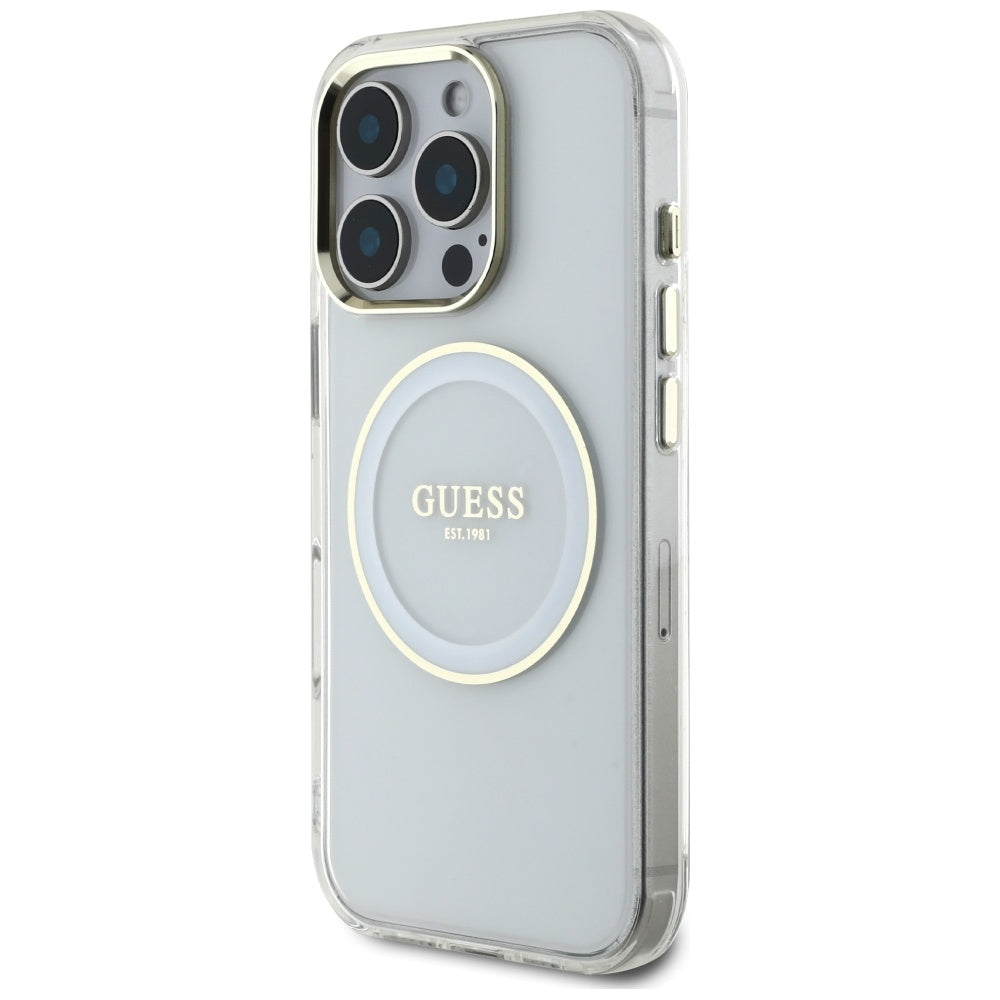 Husa iPhone 16 Pro originala Guess IML Metal Colored Circle MagSafe, alb