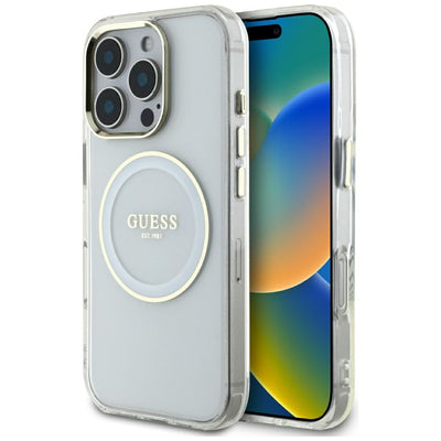 Husa iPhone 16 Pro originala Guess IML Metal Colored Circle MagSafe, alb