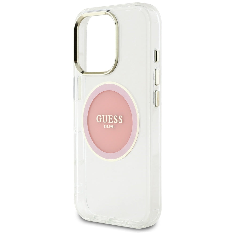 Husa iPhone 16 Pro originala Guess IML Metal Colored Circle MagSafe, roz