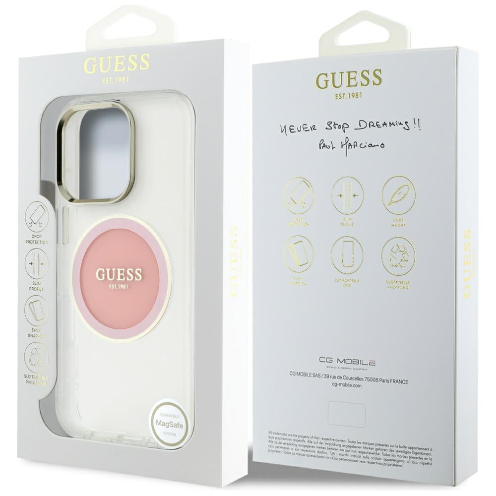 Husa iPhone 16 Pro originala Guess IML Metal Colored Circle MagSafe, roz