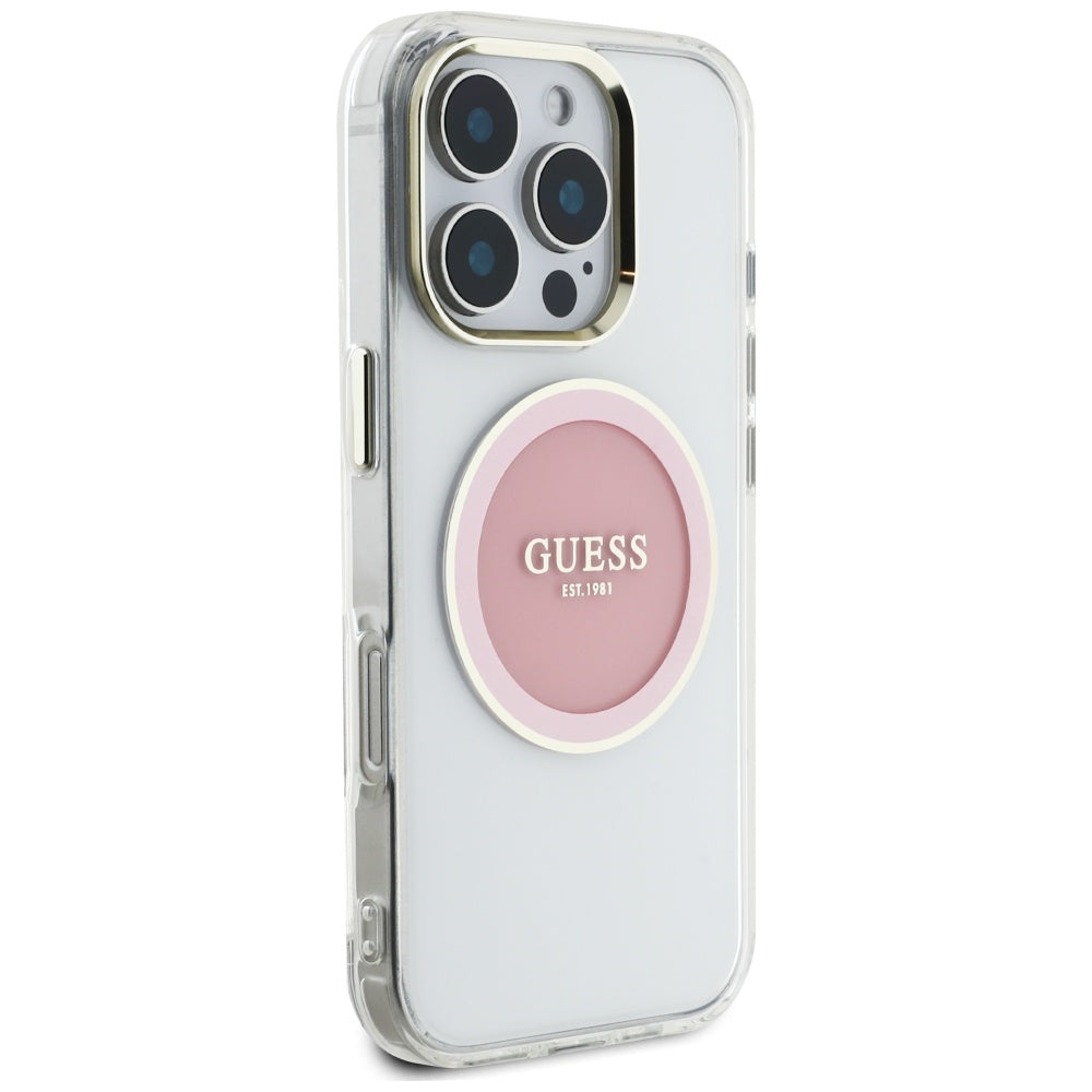 Husa iPhone 16 Pro originala Guess IML Metal Colored Circle MagSafe, roz