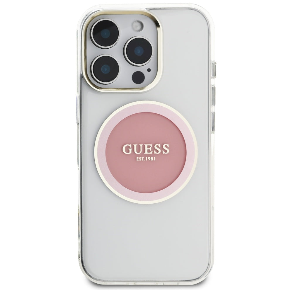 Husa iPhone 16 Pro originala Guess IML Metal Colored Circle MagSafe, roz