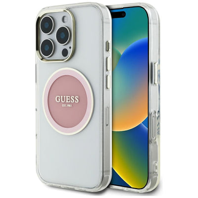 Husa iPhone 16 Pro originala Guess IML Metal Colored Circle MagSafe, roz