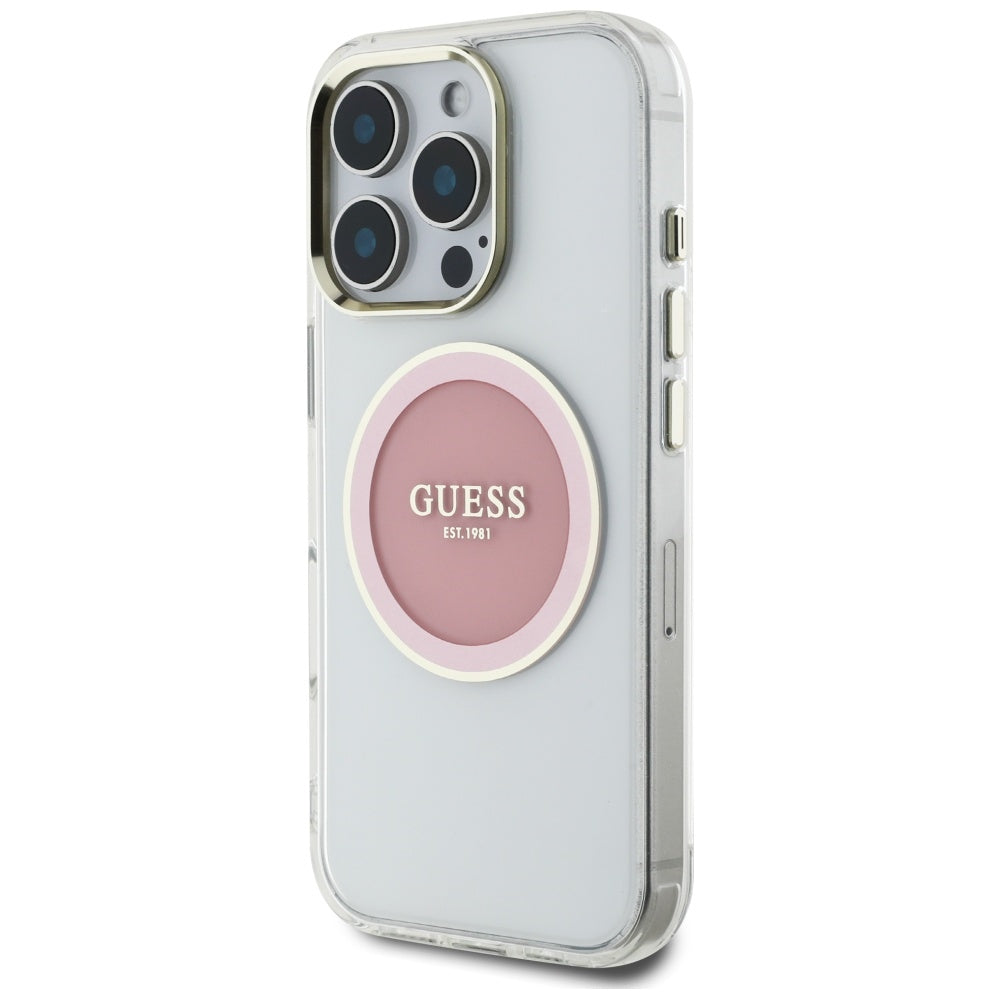 Husa iPhone 16 Pro originala Guess IML Metal Colored Circle MagSafe, roz